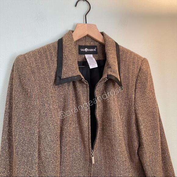 Deadstock vintage Sag Harbor Brown Chevron Collared Zip Up Blazer Jacket 12 L - Picture 10 of 12